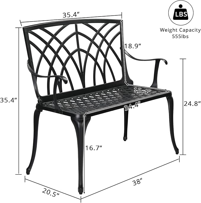 Outdoor Garden Bench, 38" Outdoor Aluminum Garden Bench, Waterproof Patio Bench, Metal Steel Bench, Weight Capacity 555 LBS, for Lawn, Yard, Porch, Work Entryway (Black)
