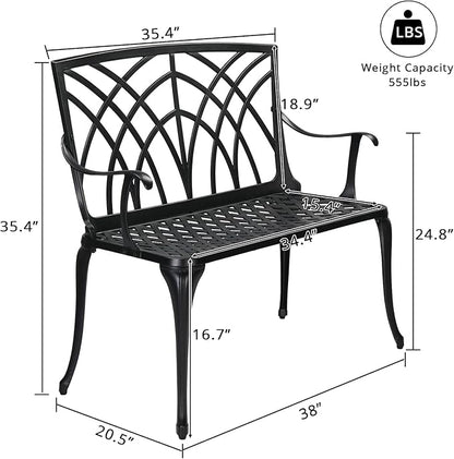 Outdoor Garden Bench, 38" Outdoor Aluminum Garden Bench, Waterproof Patio Bench, Metal Steel Bench, Weight Capacity 555 LBS, for Lawn, Yard, Porch, Work Entryway (Black)
