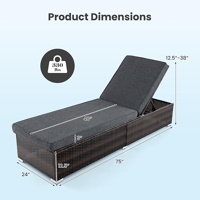 Tangkula Outdoor Chaise Lounge, Patio Wicker Lounge Chair w/ 4-Level Backrest, Heavy-Duty Metal Frame, Outside Rattan Reclining Chair w/Long Seat Cushion for Backyard, Poolside