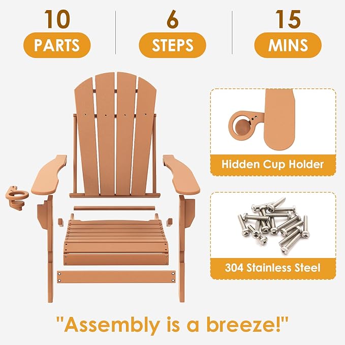 IVY&LANE Folding-Adirondack-Chairs-Set-of-2 | HDPE Plastic | Outdoor Fire Pit Chair with Cup Holder | Teak | Poly | Weather Resistant | for Patio Deck Poolside Garden Beach