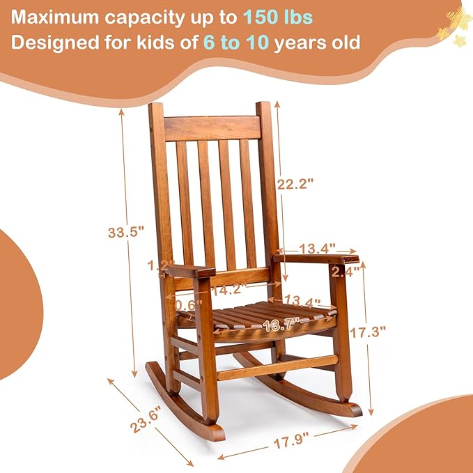 VINGLI Outdoor Child’s Rocking Chair, All Weather Wooden Rocking Chair with High Backrest, Patio Rocker for Garden, Yard, Balcony, Wooden Rocker for 6-10 Years Old, Teak