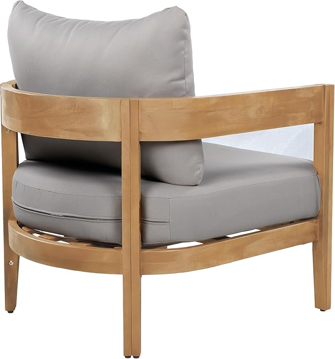 Christopher Knight Home Nadine Acacia Wood Club Chair, Outdoor Accent Chair, Tub Shape Design Armchair, Comfort Cushions Seating, Slat Open Back Reading Sofa for Balcony Backyard Garden, Teak+Gray