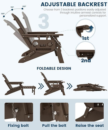 FOOWIN Folding Adjustable Adirondack Chair with Retractable Ottoman Set of 2, HDPE Adirondack Chair w/4 in 1 Cup Holder Trays,All-Weather Resistant Fire Pit Chair for Outdoor Patio Lawn, Coffee