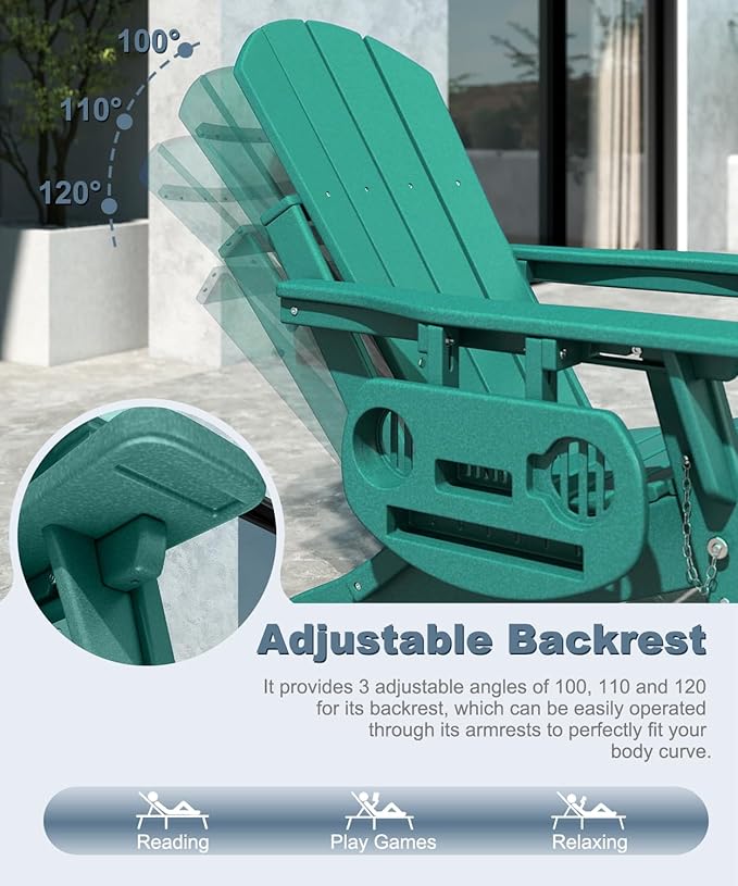 Adjustable Adirondack Chair with Retractable Ottoman Set of 2, HDPE Folding Adirondack Chair with Cup Holder - Photo 5