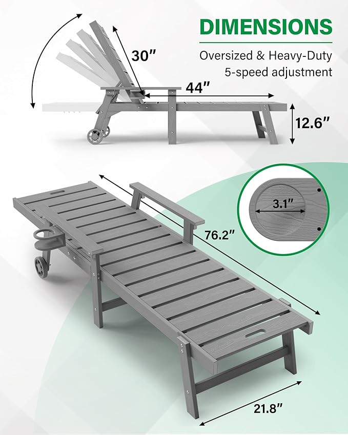 YEFU Lounge Chair Outdoor Set of 4: Outdoor Chaise Lounge with 5-Level Adjustable Backrest, Cup Holders & Wheels, All-Weather Resistance Chaise Lounge for Outside/Patio/Beach/Deck, Grey