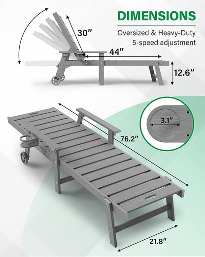 YEFU Lounge Chair Outdoor Set of 2: Outdoor Chaise Lounge with 5-Level Adjustable Backrest, Cup Holders & Wheels, All-Weather Resistance Chaise Lounge for Outside/Patio/Beach/Deck, Grey