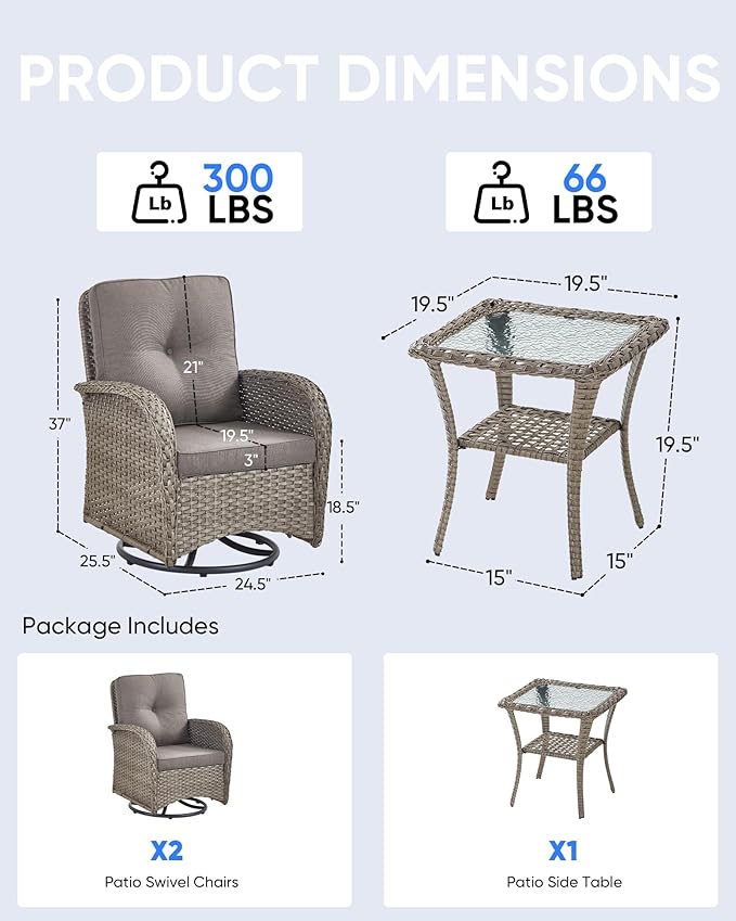 3 Pieces Patio Bistro Set Outdoor Swivel Rocker Patio Chairs with Side Table Patio Furniture for Deck Porch Garden - Photo 2
