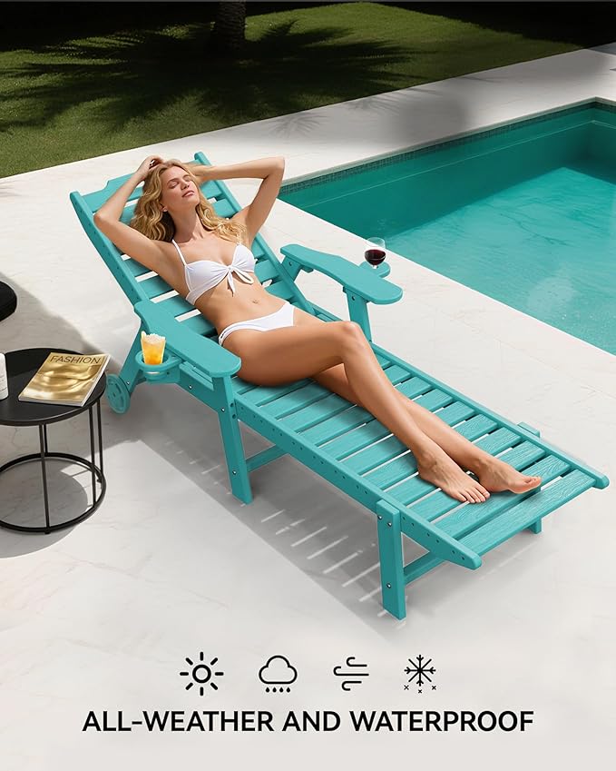 Carauci Lounge Chair Outdoor, HDPE Chaise Lounge with Wheels, 5-Position Adjustable Backrest & 2 Cup Holders Patio Lounge Chair, All-Weather Pool Sun Lounger for Poolside, Backyard, Lake Blue