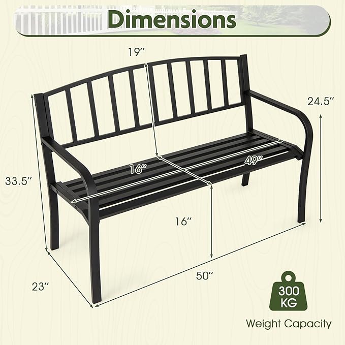 Giantex Metal Outdoor Bench, Patio Garden Bench with Backrest, Curved Armrests, Slatted Seat for 2-3 Persons, 660 LBS, Heavy-Duty Outside Seating Loveseat for Yard, Porch, Park, Black