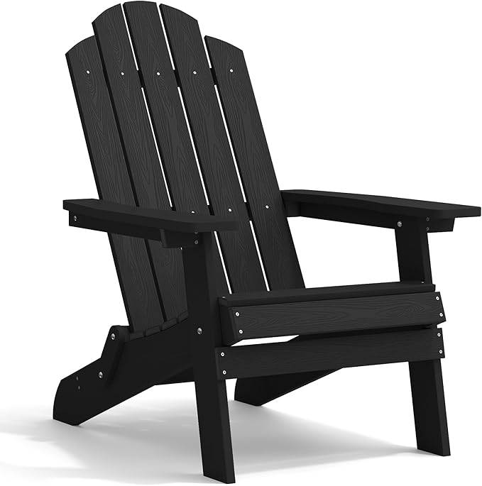 MXIMU Folding Adirondack Chair for Outdoor: Easy to Assemble and Comfortable Adirondack Chairs - All Weather Composite Plastic Chair for Outside Fire Pit Patio Lawn Garden Backyard Use(Black)