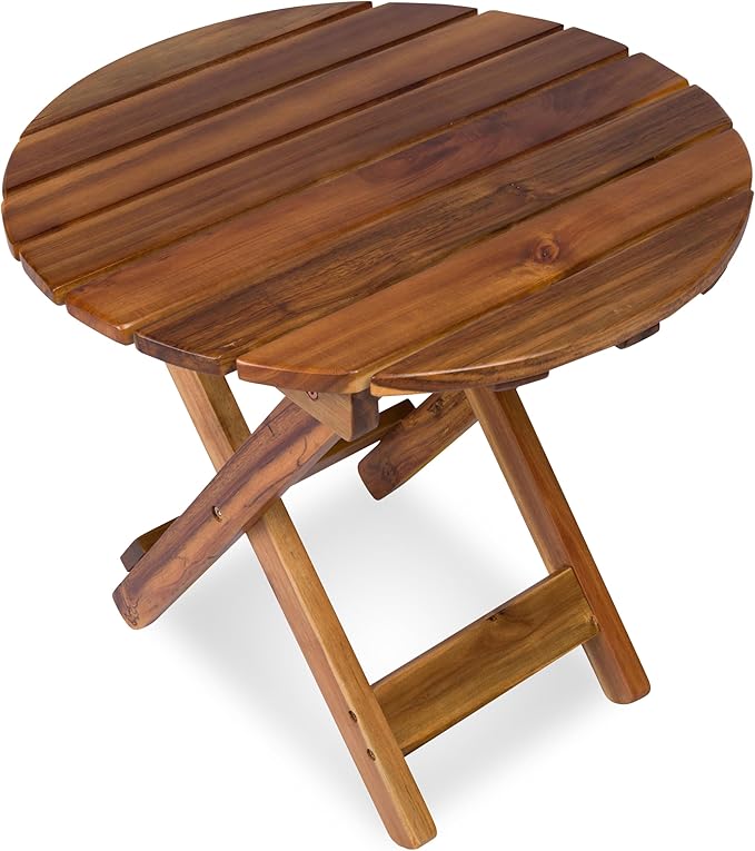 Shine Company Indoor/Outdoor Adirondack Round Folding Acacia Wooden Side Table, White