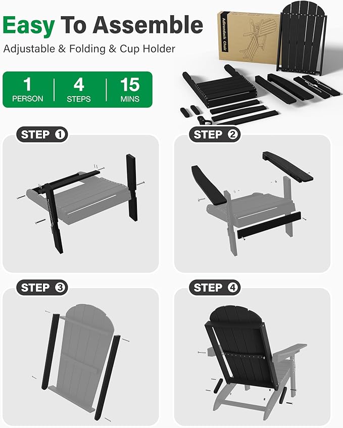 YEFU Adirondack Chairs Set of 4 for Patio: Folding Plastic Fire Pit Chair with Cup Holders & Adjustable Backrest - Sturdy All-Weather HDPE for Outdoor Backyard Deck- Easy Assembly(Black)