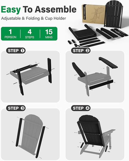 YEFU Adirondack Chairs Set of 4 for Patio: Folding Plastic Fire Pit Chair with Cup Holders & Adjustable Backrest - Sturdy All-Weather HDPE for Outdoor Backyard Deck- Easy Assembly(Black)