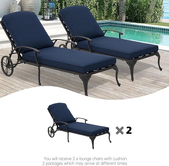 Chaise Lounge Outdoor Chair with Wheels, Adjustable Reclining Rust-Resistant Aluminum Cast Poolside Chaise Lounge Furniture Set of 2, Waterproof Denim Blue Cushion