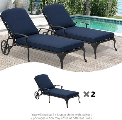 Chaise Lounge Outdoor Chair with Wheels, Adjustable Reclining Rust-Resistant Aluminum Cast Poolside Chaise Lounge Furniture Set of 2, Waterproof Denim Blue Cushion