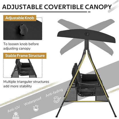AECOJOY Outdoor Porch Swing, 3-Seat Porch Swing with Adjustable Canopy, Outdoor Swings for Adult with Black Removable Cushions for Backyard, Garden, Yard, Poolside, Balcony