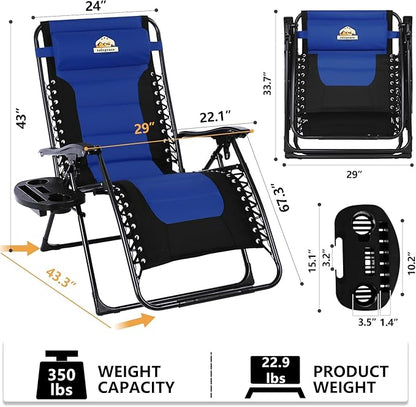 Oversized Padded Zero Gravity Lounge Chair, Foldable Patio Anti Gravity Reclining Chairs Folding Lawn Recliner with Cup Holder for Yard, Camping, Outdoor, Support 350 LBS, Blue