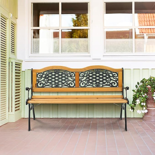 VINGLI Classic Cast Iron & Teak Arched Back Rectangular Outdoor Bench, 3-Seater, 470 lbs Capacity, Easy Assembly, Weather Resistant, 49.5" W x 20.5" D x 29" H
