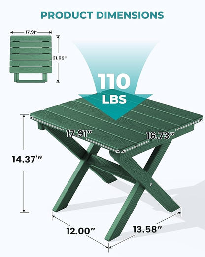 SERWALL Folding Outdoor Side Table Set of 2, Portable Adirondack Side Table, Green