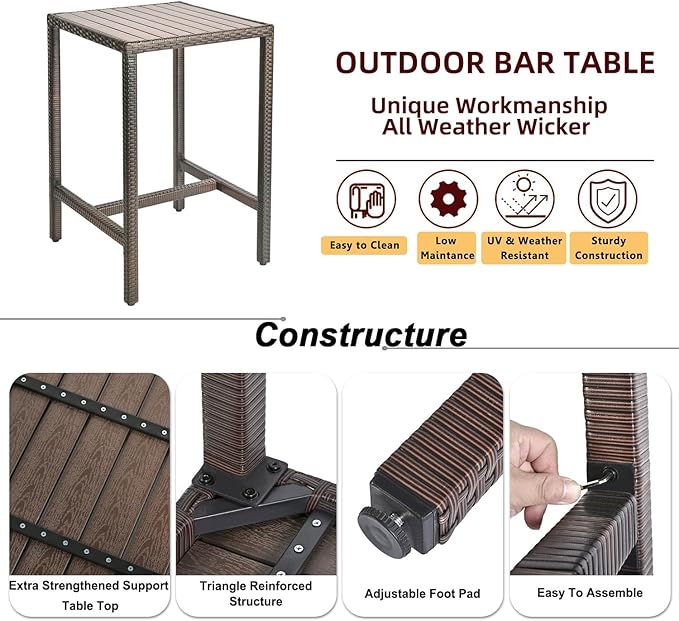 Outdoor Bar Table Patio Bar Height Bistro Table 39" Tall Outdoor High Top Square Pub Patio Table Wicker Rattan Metal Dinning Bar Table with Adjustable Feet for Balcony Outside Pool Deck Backyard Brown