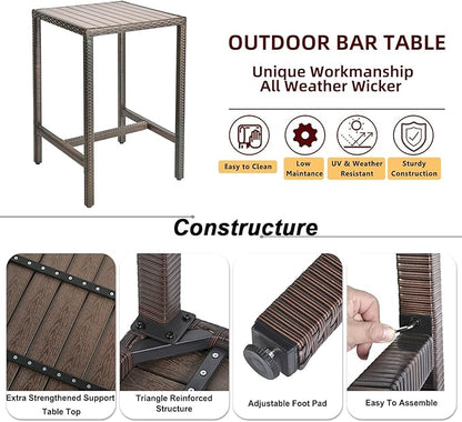 Outdoor Bar Table Patio Bar Height Bistro Table 39" Tall Outdoor High Top Square Pub Patio Table Wicker Rattan Metal Dinning Bar Table with Adjustable Feet for Balcony Outside Pool Deck Backyard Brown