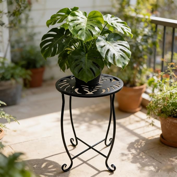 Outdoor Side Tables 2 Pack, 15" Height Tool-Free Metal Patio End Table with Monstera Pattern - Photo 7