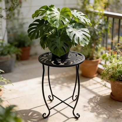 Outdoor Side Tables 2 Pack, 15" Height Tool-Free Metal Patio End Table with Monstera Pattern, Compact Space Saving Plant Stand for Balcony Porch Deck, Weather Resistant, Black