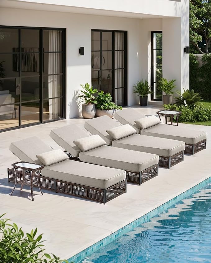 Luxury Outdoor Chaise Lounge with 5 Inch Thickened Cushions - 1 Set High Back Brown Wicker Patio Recliners Rattan - Photo 5
