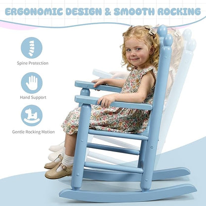Outvita Kids Rocking Chair, Ergonomic Sturdy Toddler Rocking Chair with High Backrest & Rounded Armrests, Safe Solid Wood Baby Rocker Chair for Age 3-6, Outdoor,Living Room, Reading Room(Blue)