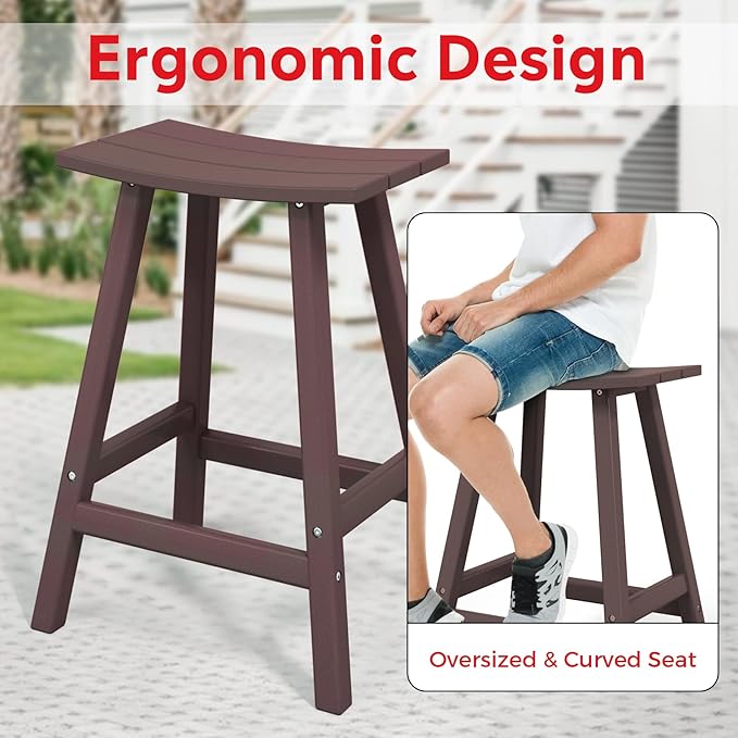 Costaelm All-Weather Bar Stools Set of 3, 24" Height Outdoor Bar Stools, Adirondack Poly Patio Bar Stool for Patio, Deck, Kitchen Counter and Garden, Dark Brown