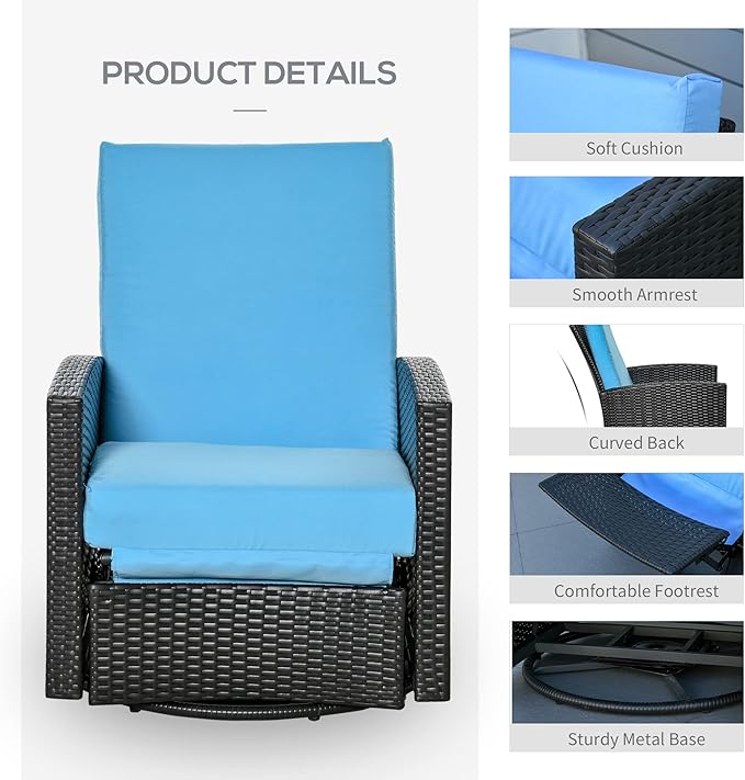 Outsunny Outdoor Wicker Swivel Recliner Chair, Reclining Backrest, Lifting Footrest, 360° Rotating Basic, Water Resistant Cushions for Patio, Light Blue