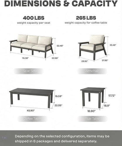 HDPE 5 Piece Patio Furniture Set, Outdoor Couch with Washable Thick Beige Cushions & Coffee Table & Side Table, Outdoor Sectional Furniture for Backyard, Deck, Lawn, Porch (Gray Frame)