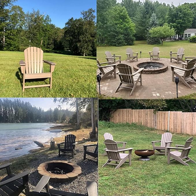 Farmhouse Adirondack Chair Set of 4, Poly Lumber Patio Chairs, Pre-Assembled Weather Resistant Outdoor Chairs for Pool, Deck, Backyard, Garden, Fire Pit Seating, Weather Wood