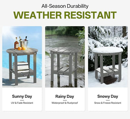 Outdoor Side Table Round - Patio Side Tables - HDPE Small Outdoor End Table for Backyard Pool Porch Balcony - Double Layer Storage - Dark Gray (Wood Grain Finish)