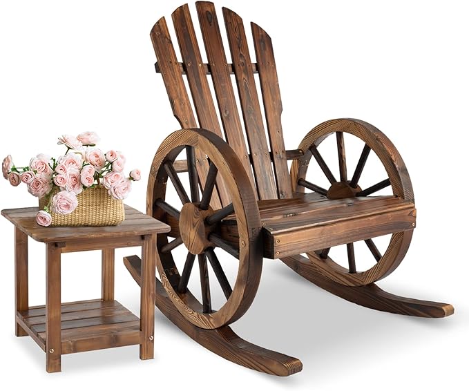 Outdoor Rocking Chair with Table - Porch Rocking Chair Table Set Wood Rocker with Side Table for Balcony, Porch, Backyard, Rustic Style