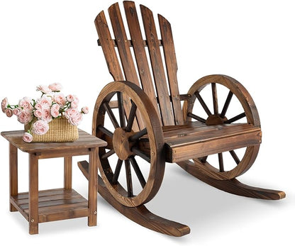 Outdoor Rocking Chair with Table - Porch Rocking Chair Table Set Wood Rocker with Side Table for Balcony, Porch, Backyard, Rustic Style