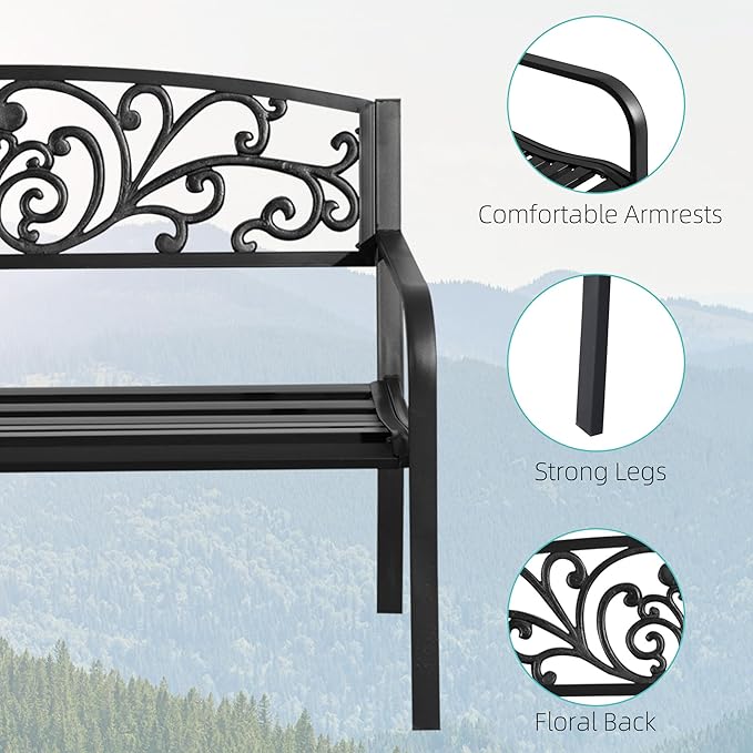 50" Outdoor Bench, Metal Garden Bench with Floral Pattern Backrest, Porch Bench with Slatted Seat for Park, Yard, Lawn, Black