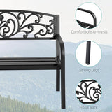 50" Outdoor Bench, Metal Garden Bench with Floral Pattern Backrest, Porch Bench with Slatted Seat for Park, Yard, Lawn - Photo 6