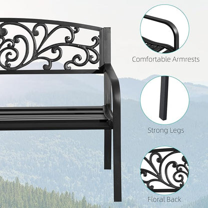 50" Outdoor Bench, Metal Garden Bench with Floral Pattern Backrest, Porch Bench with Slatted Seat for Park, Yard, Lawn, Black