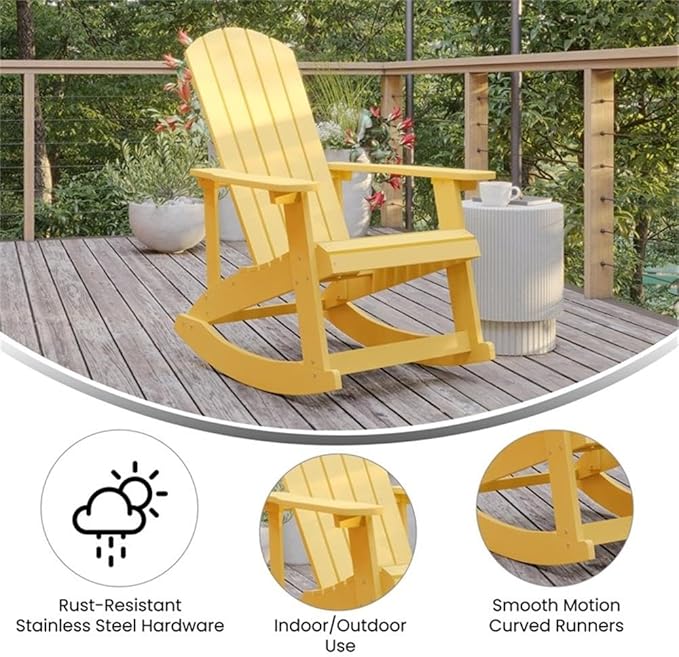 Pemberly Row Modern Plastic Adirondack Rocking Chair, Yellow Finish, Weather-Resistant Polystyrene with UV Treatment, Comfortable Wide Arms and Back, Indoor/Outdoor Use, 39.5" H x 29.5" W x 37.75" D