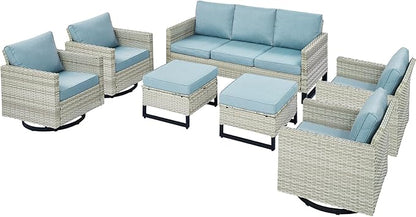 Rilyson Wicker Outdoor Patio Furniture Set - 7 Piece Patio Conversation Set with 4 Swivel Rocker Chairs,2 Rattan Ottoman and 1 Couch for Outside Porch Deck Backyard(Light Grey/Sky Blue)