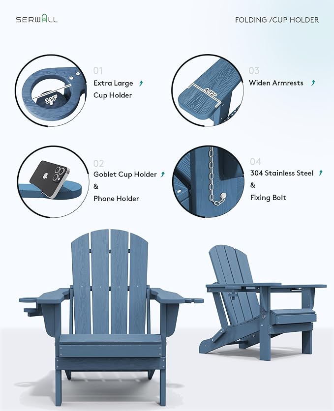 SERWALL Folding Adirondack Chair, HDPE Adirondack Chairs Set of 4 - Photo 5