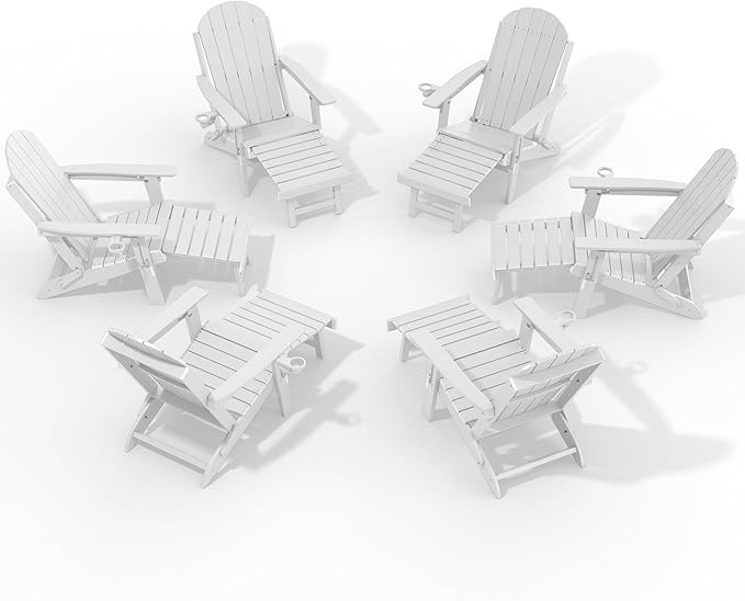 YEFU Adirondack Chair with Retractable Ottoman: Adjustable Folding Adirondack Chairs with Cup Holder - HDPE Plastic Outdoor Fire Pit Chairs Set of 6 - All Weather for Patio/Firepit/outside/Pool(White)