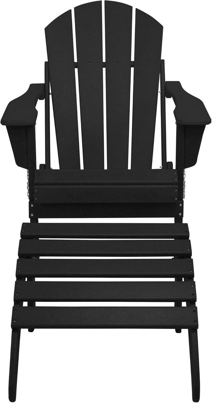 WestinTrends Malibu Outdoor Lounge Chair, 2-Pieces Adirondack Chair Set with Ottoman, All Weather Poly Lumber Patio Lawn Folding Chairs for Outside Pool Garden Backyard Beach, Black