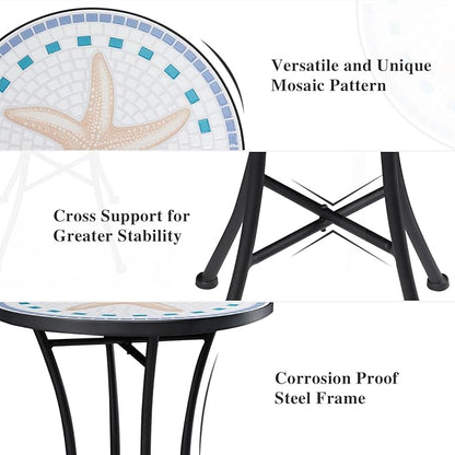 Vipush Mosaic Outdoor Side Table, 14" Round Folding Plant Stand for Patio Garden Backyard Balcony Porch Indoor Accent End Table for Living Room, Ceramic Tabletop with Black Iron, Starfish