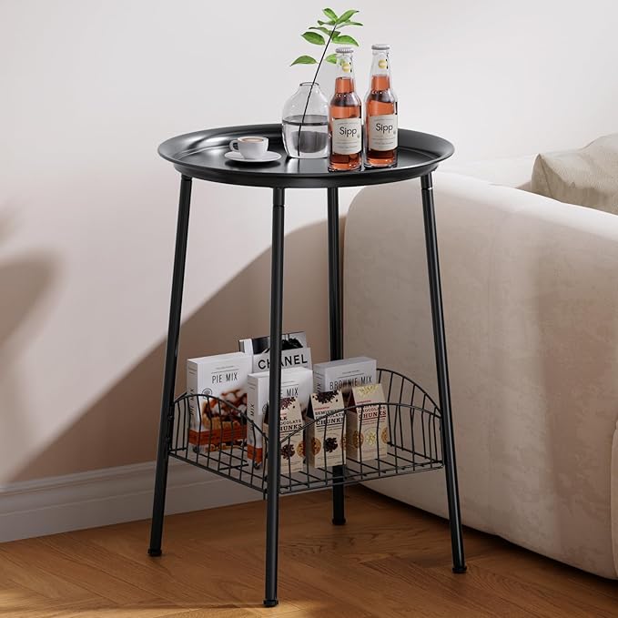 2 PCS Small Outdoor Side Table, 2-Tier Round Metal Patio Table, Accent Table Waterproof, Weather Resistant End Table for Yard Porch Pool Balcony Garden Bedside