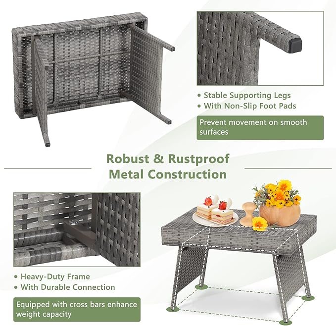 LDAILY Outdoor Side Table, Portable Wicker Coffee Table with Rattan and Steel Frame - Photo 6
