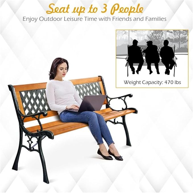 Cast Iron Patio Bench Outdoor - 49.5" Garden Bench for 3 Adults - Black Metal Bench with Wood Seat - Heavy Duty 463 lbs Capacity