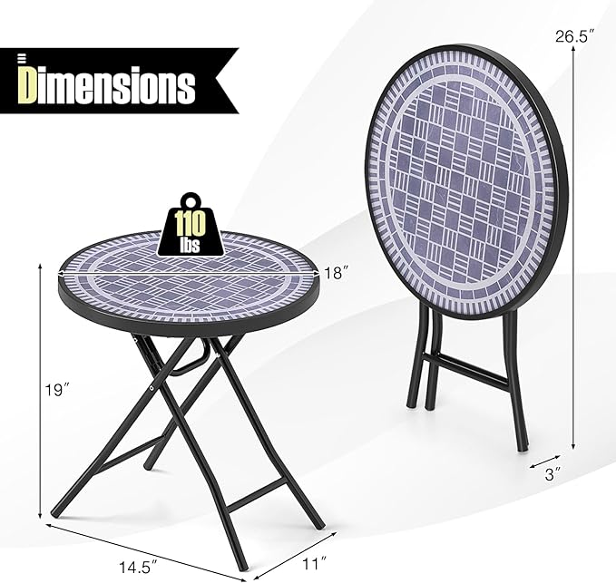 Tangkula Round Folding Side Table, 18 Inch Patio Coffee Table with Tempered Glass Tabletop and Metal Frame - Photo 3