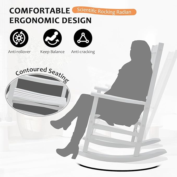 Wooden Rocking Chair Outdoor Oversized Porch Rocker Chair,Patio Wooden Rocker with High Back and Armrest,All Weather Rocker Slatted for Backyard,Garden,400 lbs Support,White